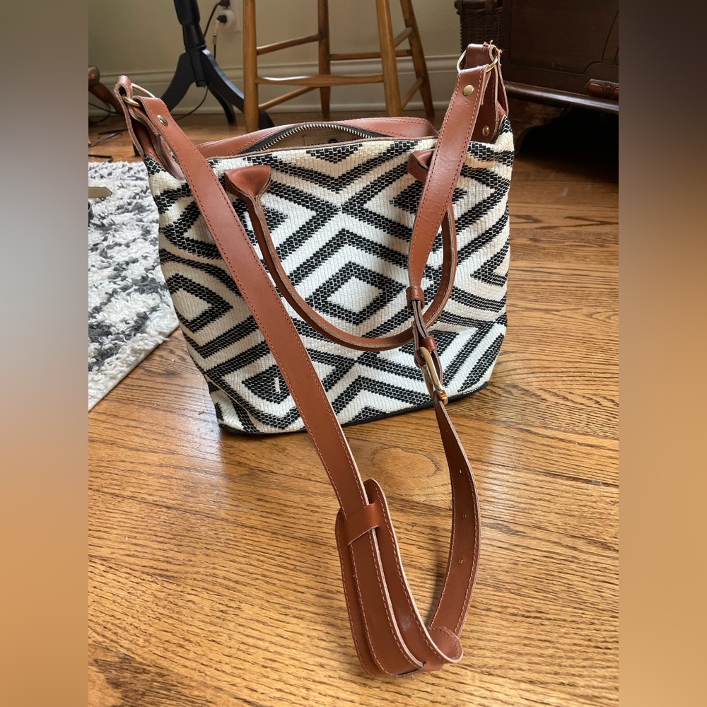 Tribe Alive Black and White Geometric Shoulder Bag with Brown Straps